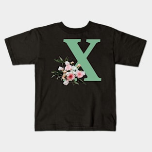 Letter X green with colorful flowers Kids T-Shirt